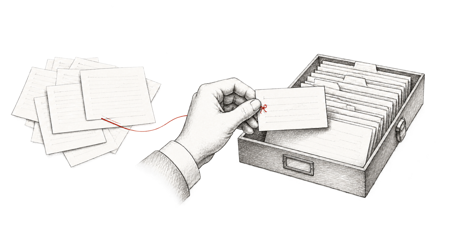 A hand places an idea record into an archive, connected by a red thread to its source papers.